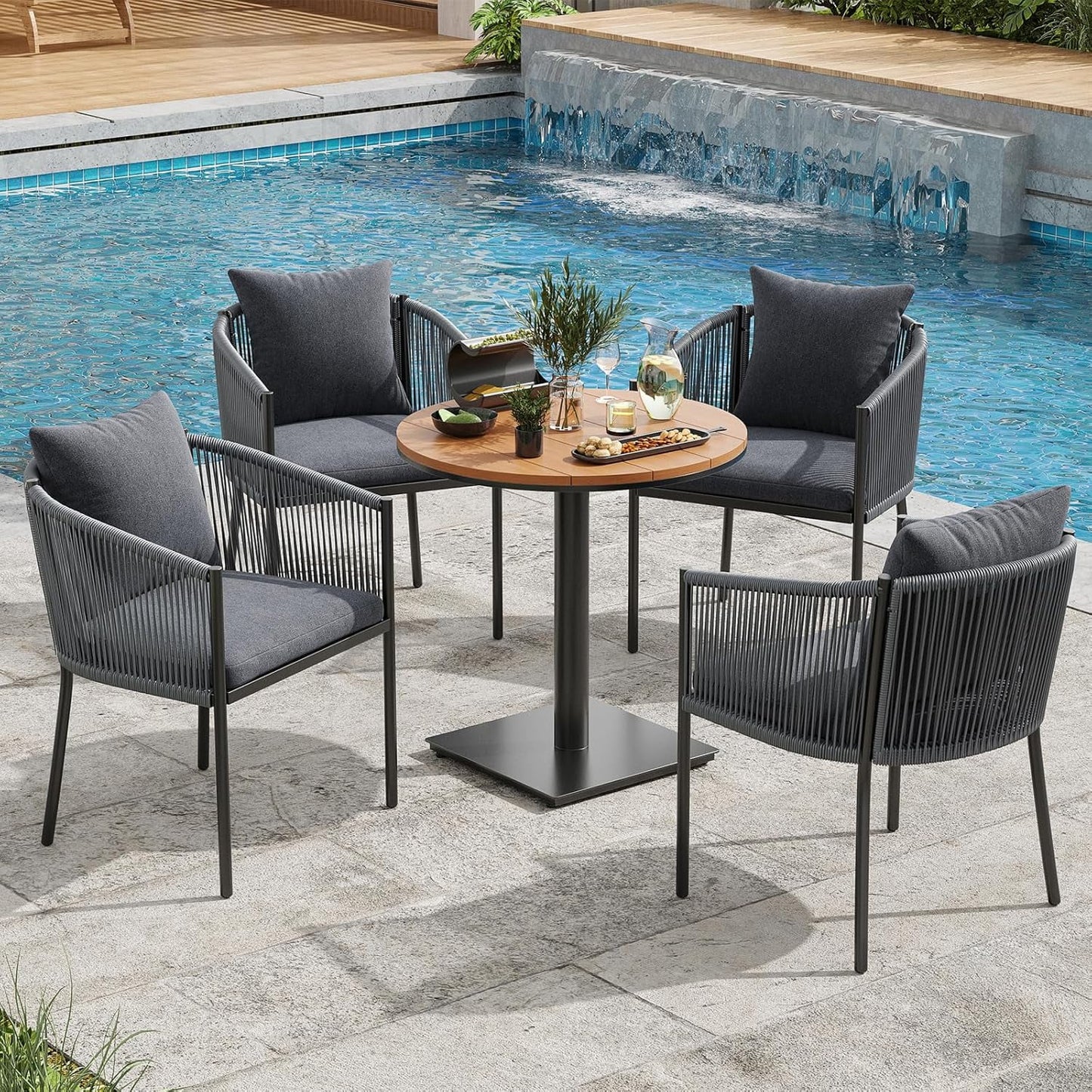 Farini Outdoor Dining Set, Patio Table and Chairs Set, Rattan Wicker Patio Chair Cushions and 1 Outdoor Table Plastic Wooden Top for Lawn, Deck Backyard, Poolside