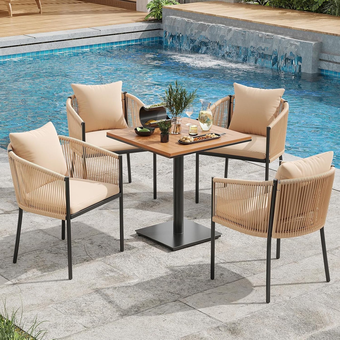 Farini Outdoor Dining Set, Patio Table and Chairs Set, Rattan Wicker Patio Chair Cushions and 1 Outdoor Table Plastic Wooden Top for Lawn, Deck Backyard, Poolside