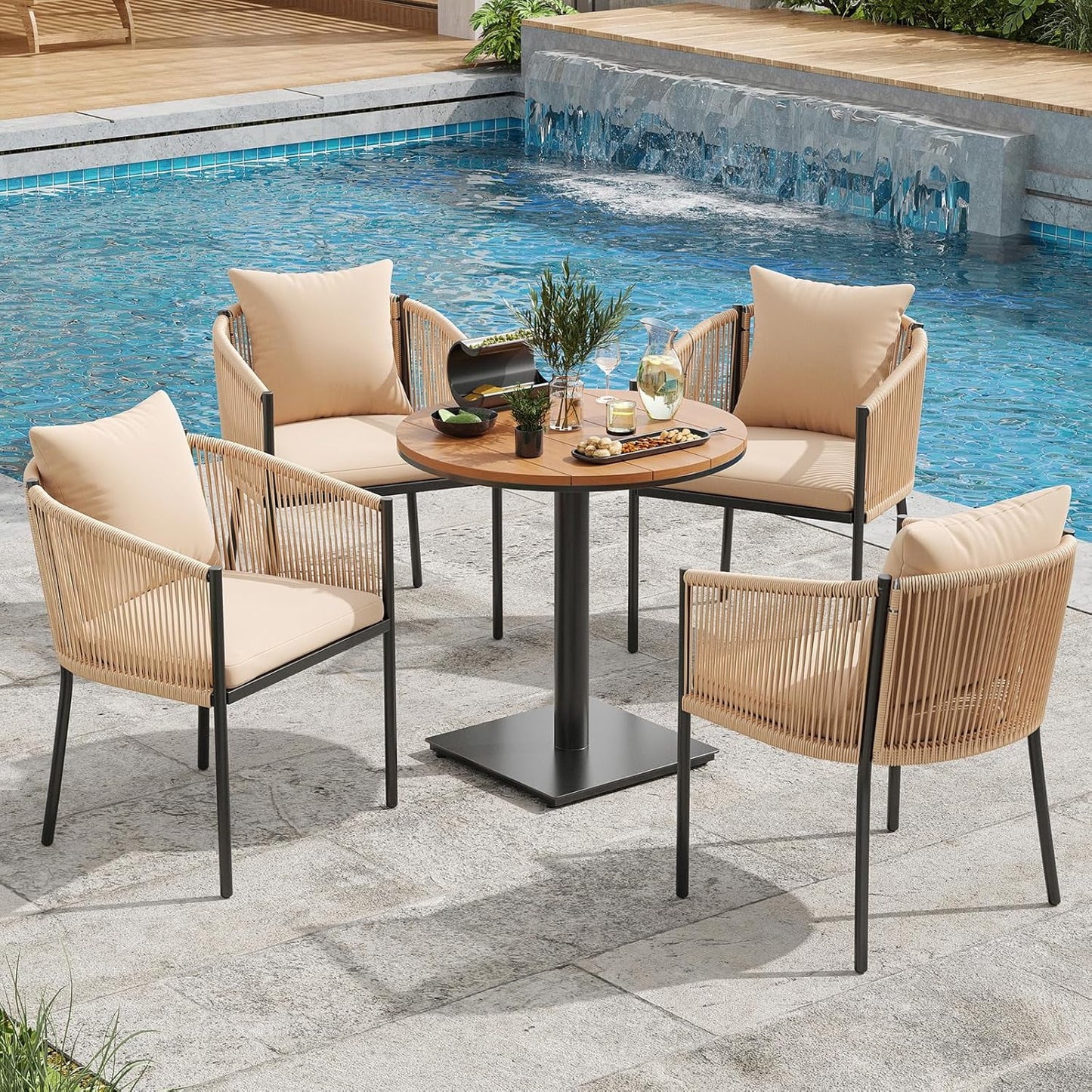 Farini Outdoor Dining Set, Patio Table and Chairs Set, Rattan Wicker Patio Chair Cushions and 1 Outdoor Table Plastic Wooden Top for Lawn, Deck Backyard, Poolside