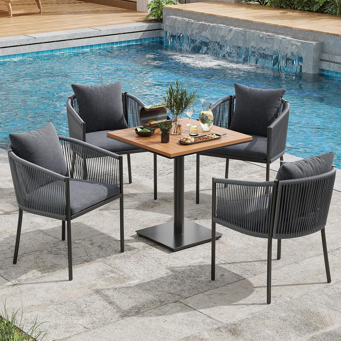 Farini Outdoor Dining Set, Patio Table and Chairs Set, Rattan Wicker Patio Chair Cushions and 1 Outdoor Table Plastic Wooden Top for Lawn, Deck Backyard, Poolside