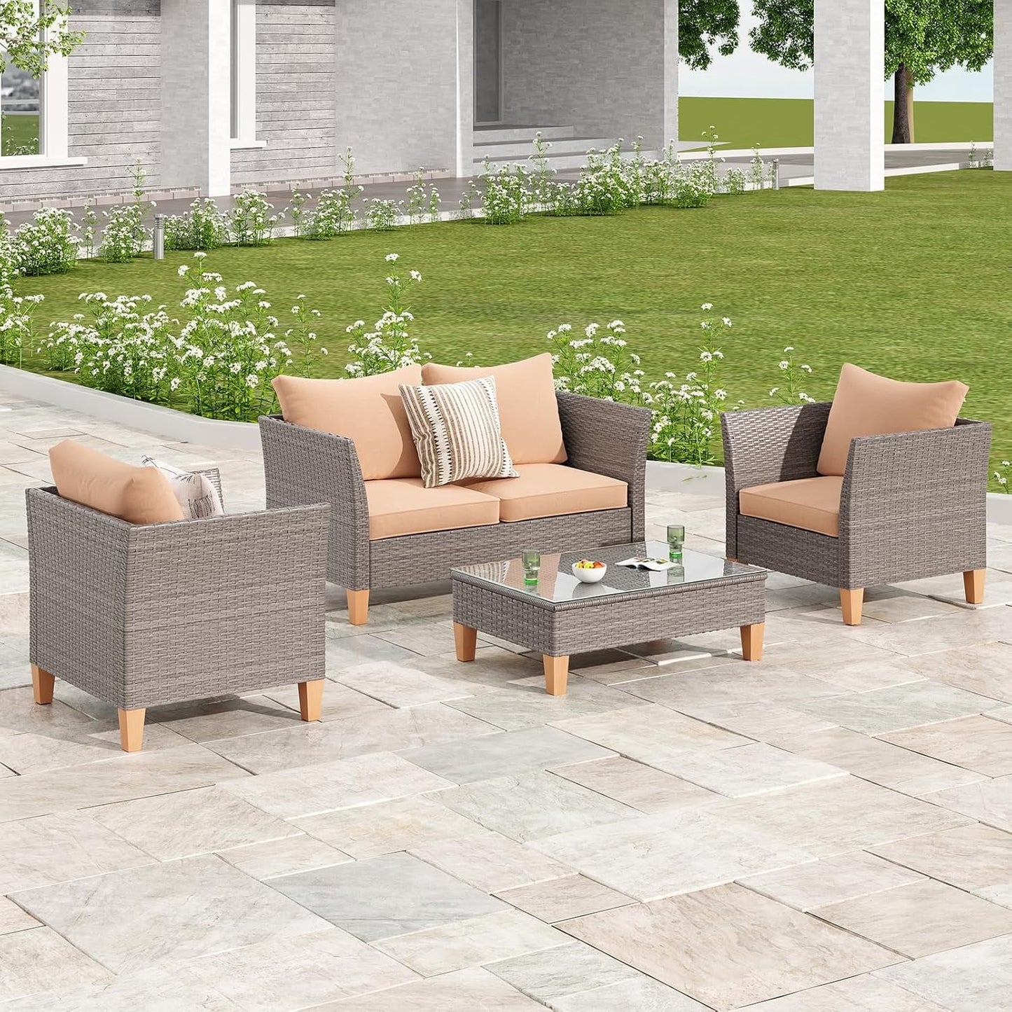 Farini Outdoor Wicker conversation sets, (4,7,9 Pieces) Patio Furniture Sofa Set with Coffee Table, All Weather for Garden, Backyard, Balcony