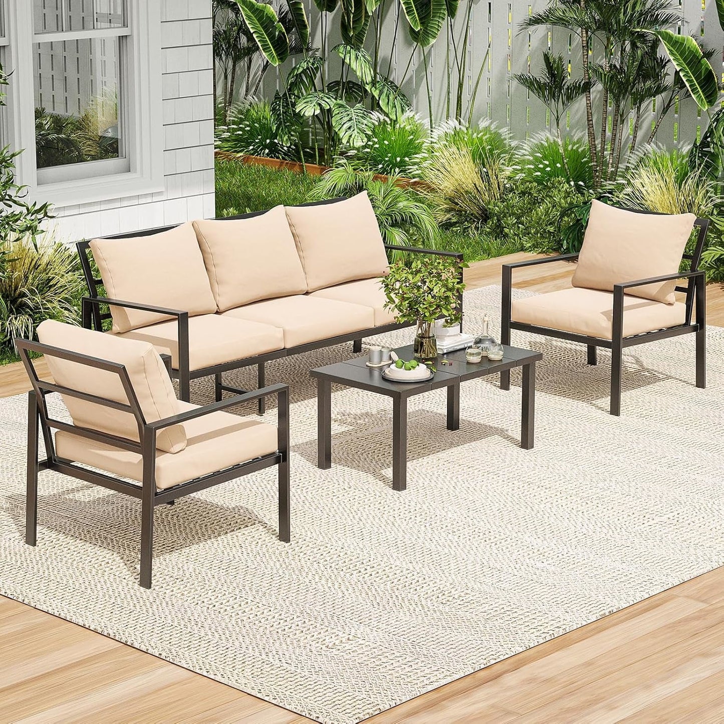 Farini Outdoor conversation sets, Metal Patio Furniture Set with 2 Single Sofas, Loveseat & Coffee Table, for Garden, Backyard, Balcony