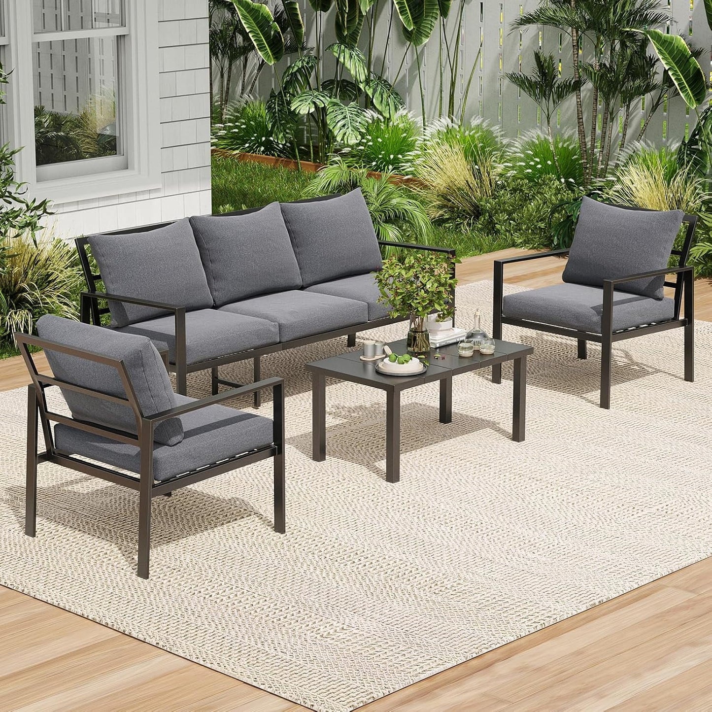 Farini Outdoor conversation sets, Metal Patio Furniture Set with 2 Single Sofas, Loveseat & Coffee Table, for Garden, Backyard, Balcony