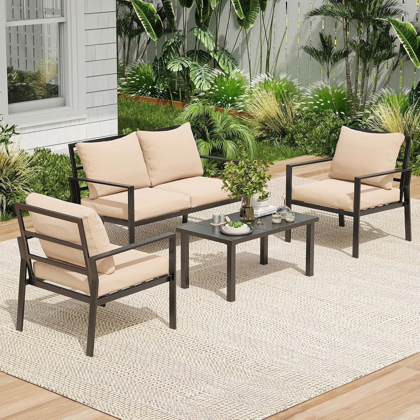 Farini Outdoor conversation sets, Metal Patio Furniture Set with 2 Single Sofas, Loveseat & Coffee Table, for Garden, Backyard, Balcony