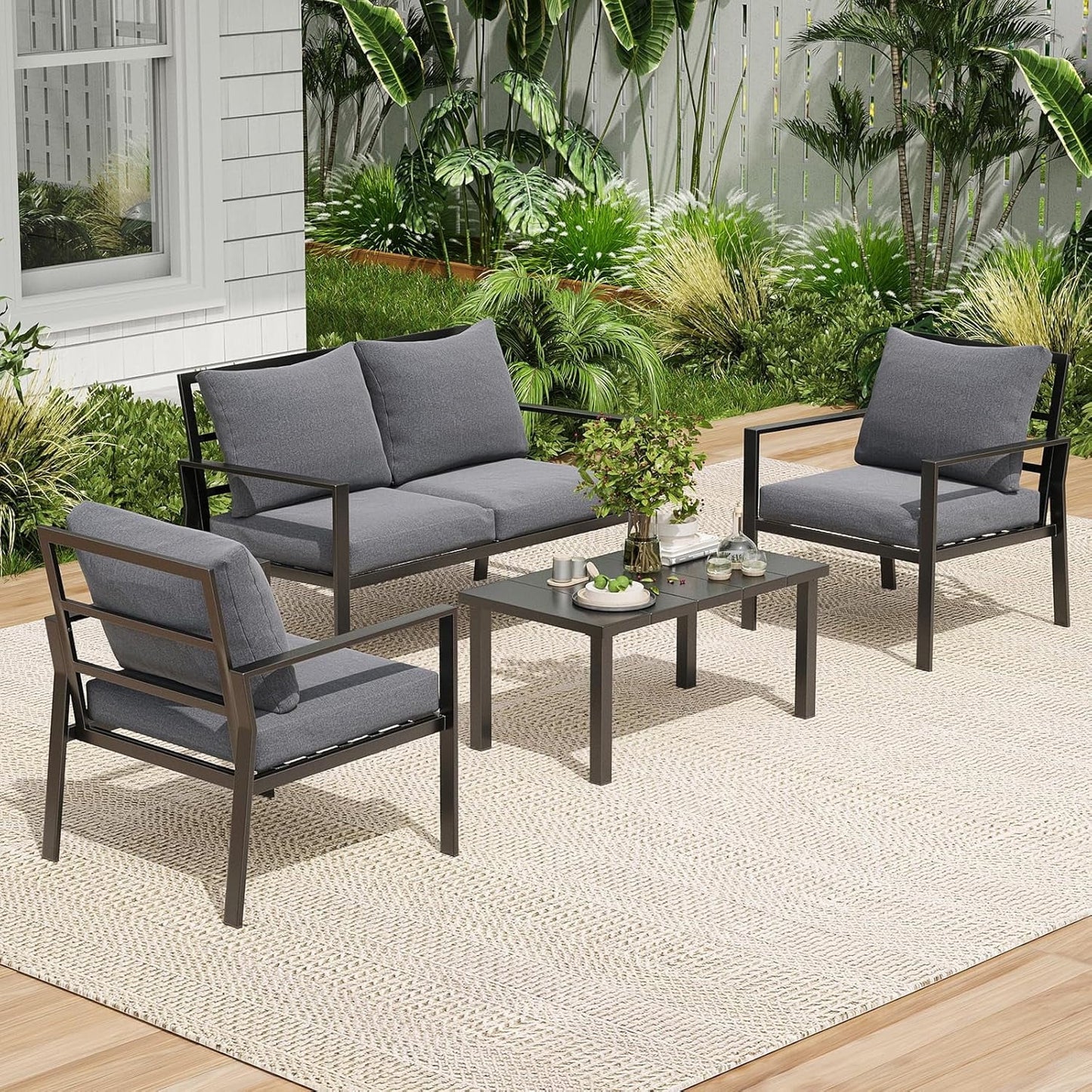 Farini Outdoor conversation sets, Metal Patio Furniture Set with 2 Single Sofas, Loveseat & Coffee Table, for Garden, Backyard, Balcony