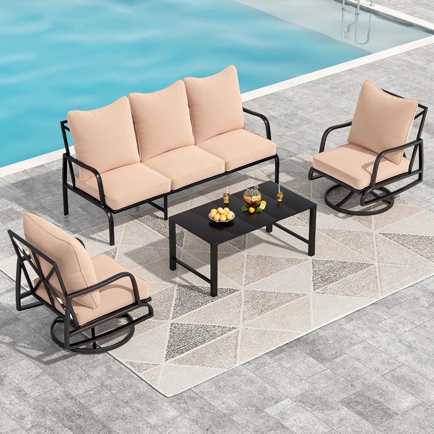 Farini Small Patio Furniture Set, Outdoor Swivel and Rocking Patio Chairs, Metal Outdoor Swivel Chair Sofa with 4" Thick Cushions, Bistro Set for Porch, Balcony, and Backyard