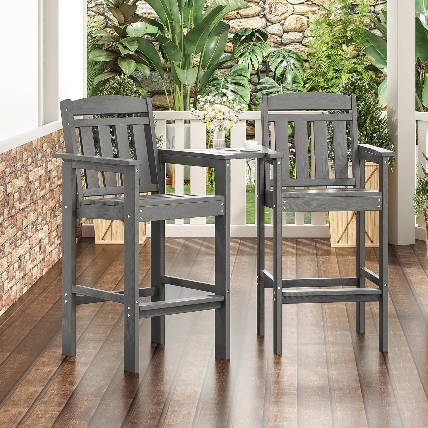 Farini Tall Adirondack Chairs Set of 2, HDPE Adirondack Bar Stools with Connecting Tray, Bar Height Adirondack Chair Patio Barstool, Ideal All Weather Tall Patio Chair for Balcony, Poolside, Backyard