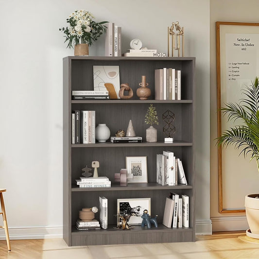 Farini 5 Tiers Bookcase, Wooden Bookcase with Adjustable Shelves for Home, Office, Grey