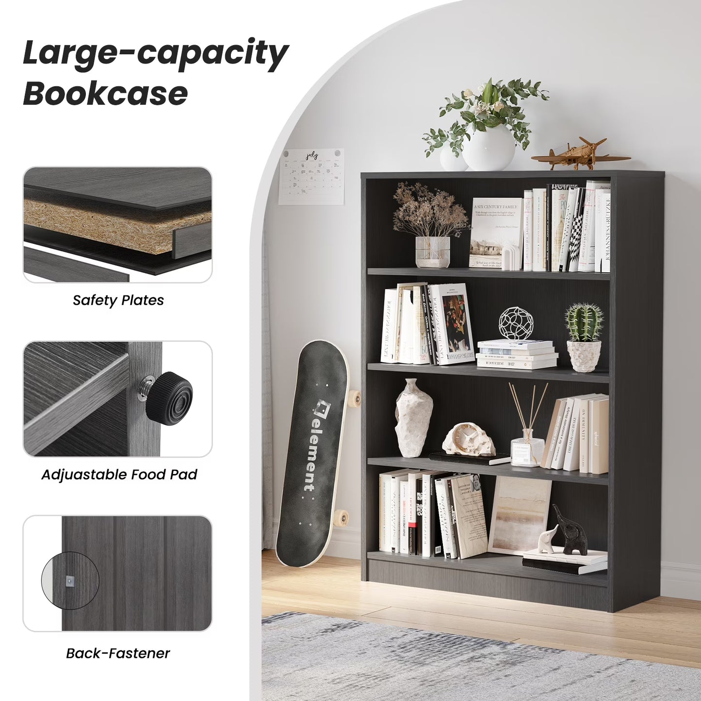 Farini 5 Tiers Bookcase, Wooden Bookcase with Adjustable Shelves for Home, Office, Grey