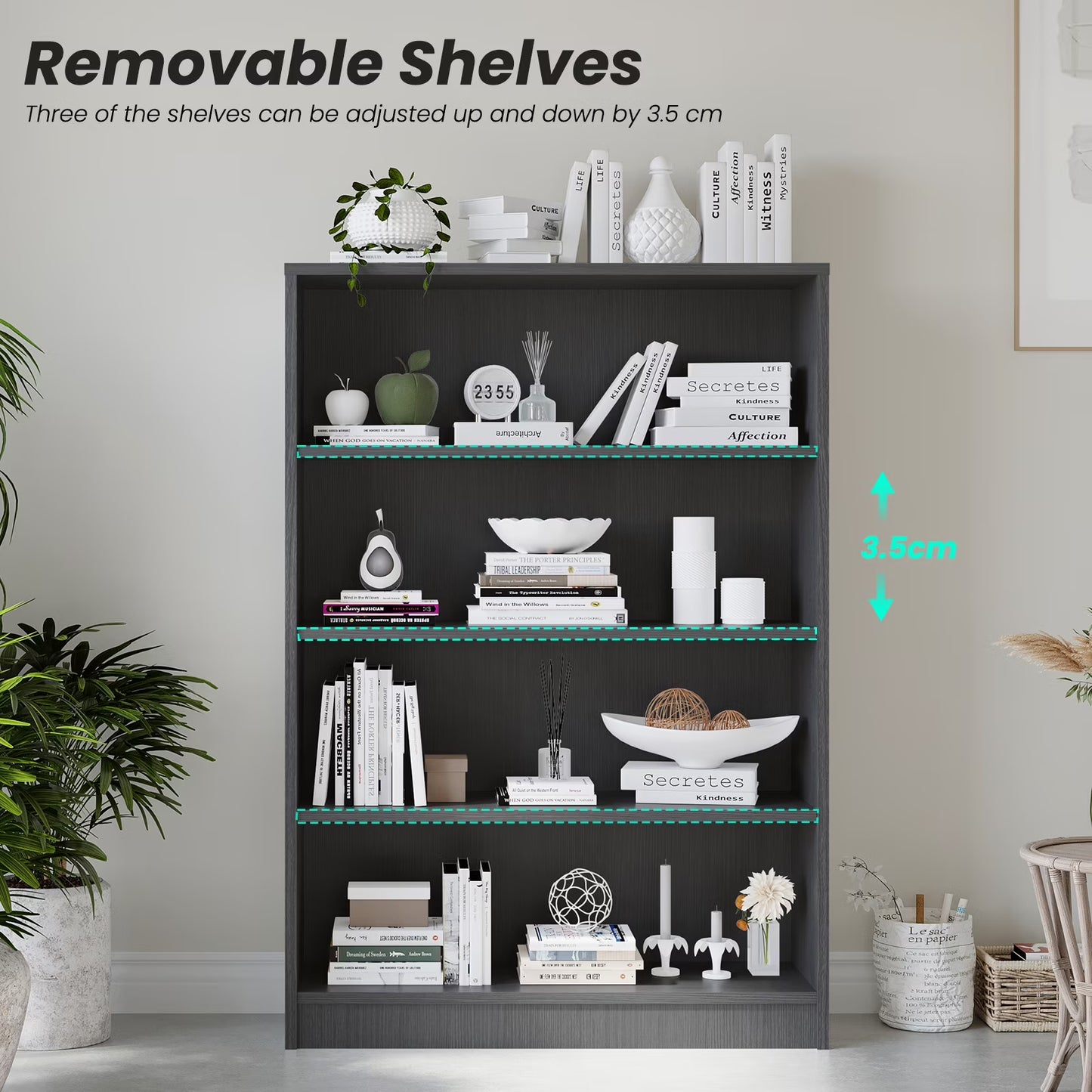 Farini 5 Tiers Bookcase, Wooden Bookcase with Adjustable Shelves for Home, Office, Grey
