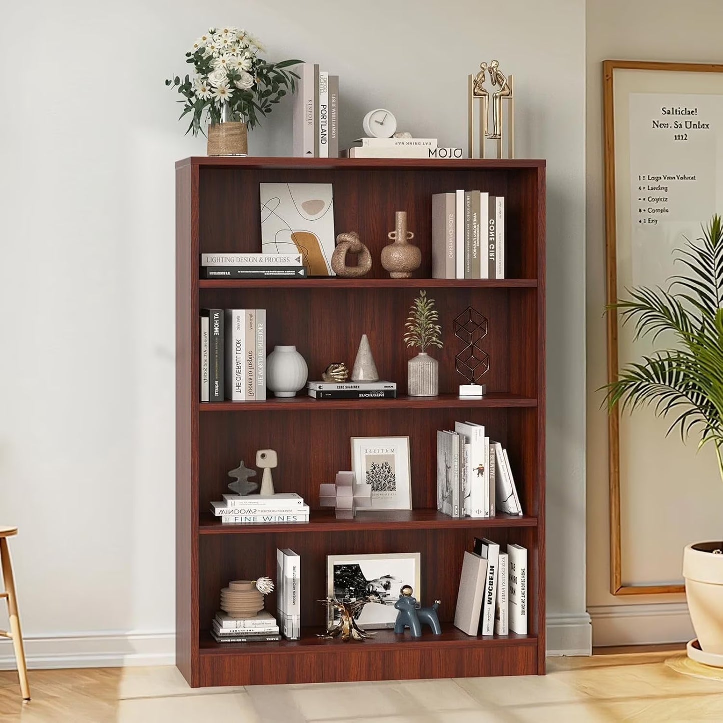 Farini 4 Tiers Bookcase, Wooden Bookcase with Adjustable Shelves for Home, Office, Mahogany