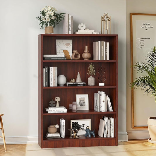 Farini 4 Tiers Bookcase, Wooden Bookcase with Adjustable Shelves for Home, Office, Mahogany