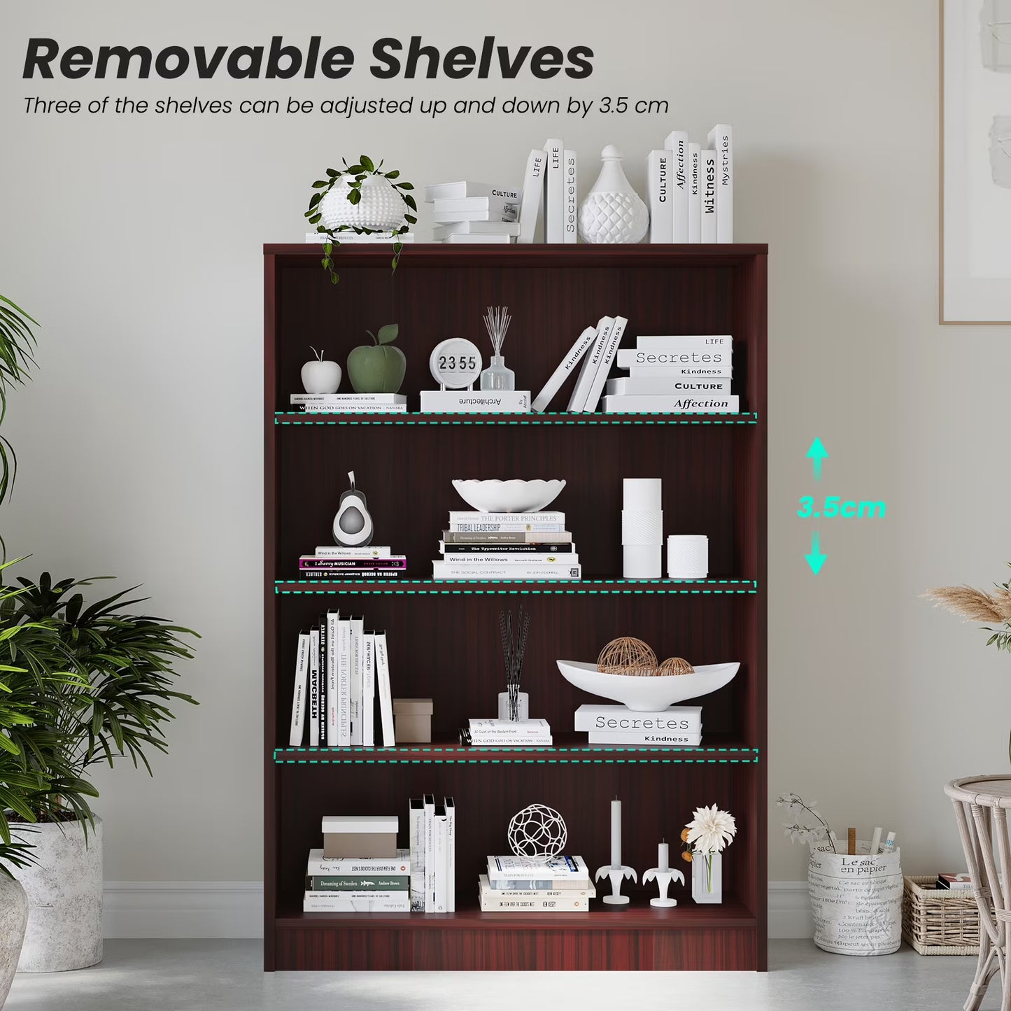 Farini 4 Tiers Bookcase, Wooden Bookcase with Adjustable Shelves for Home, Office, Mahogany