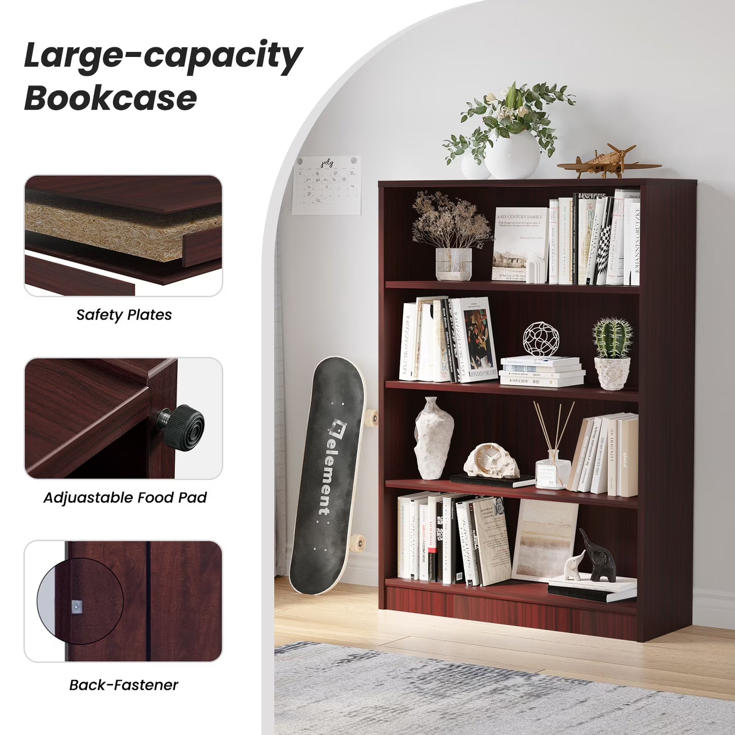 Farini 5 Tiers Bookcase, Wooden Bookcase with Adjustable Shelves for Home, Office, Mahogany