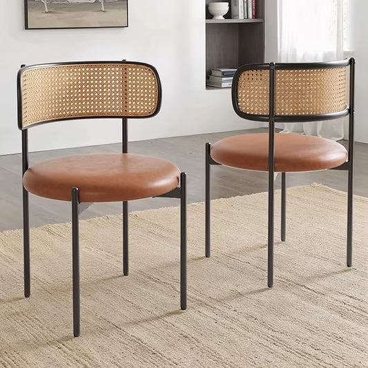 Farini Dining Chairs Set of 2, Upholstered PU Leather & Woven Rattan Side Chairs with Metal Legs for Kitchen, Dining Room, or Cafe, Brown
