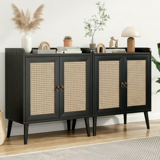 Farini 2Pcs Sideboard Buffet Cabinet Bar Cabinets with Rattan Decorated Doors(Black)