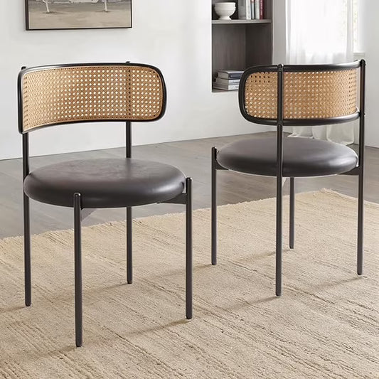 Farini Dining Chairs Set of 2, Upholstered PU Leather & Woven Rattan Side Chairs with Metal Legs for Kitchen, Dining Room, or Cafe, Black