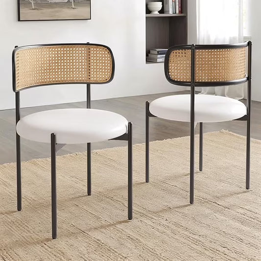 Farini Dining Chairs Set of 2, Upholstered PU Leather & Woven Rattan Side Chairs with Metal Legs for Kitchen, Dining Room, or Cafe, Beige