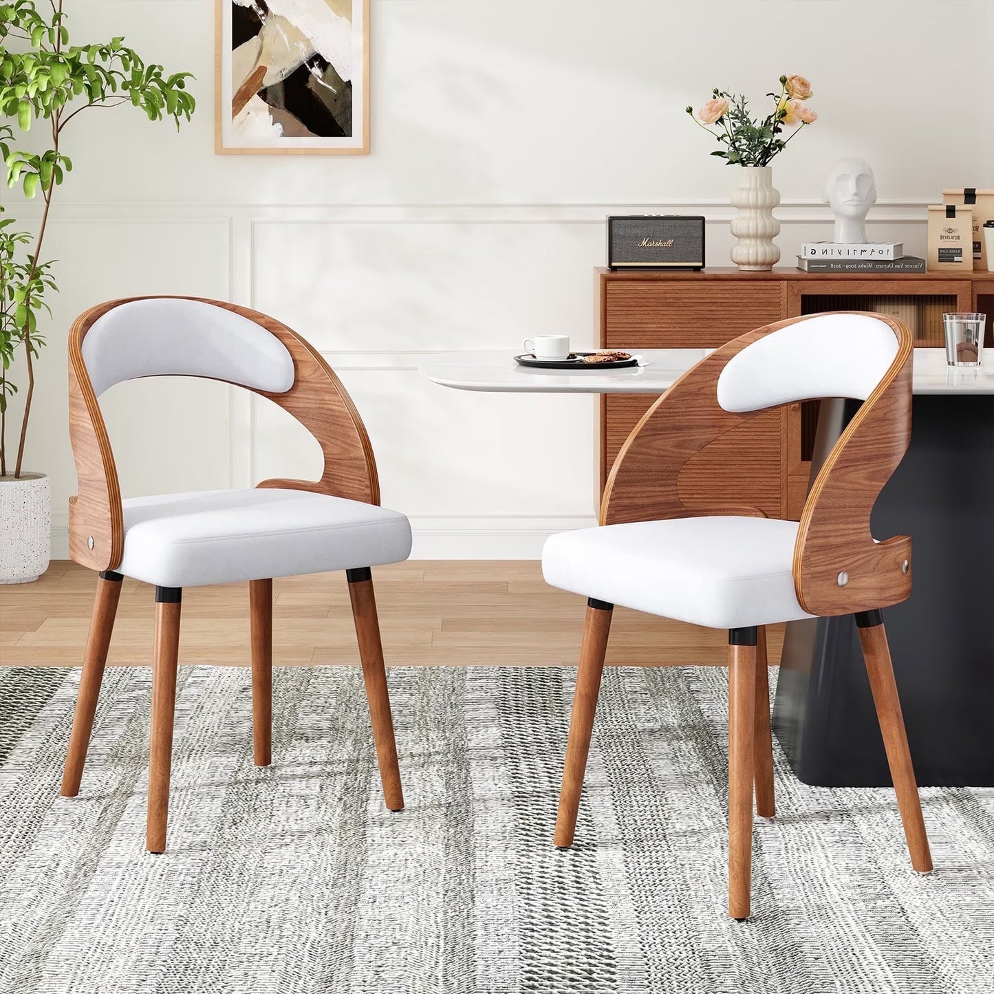 Farini Set of 2 Wood Dining Chairs with Curved Backrest for Kitchen Dining Room, Beige