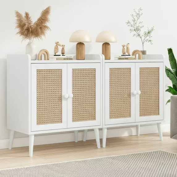 Farini 2Pcs Sideboard Buffet Cabinet Bar Cabinets with Rattan Decorated Doors(White)