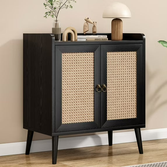 Farini 2Pcs Sideboard Buffet Cabinet Bar Cabinets with Rattan Decorated Doors(Black)