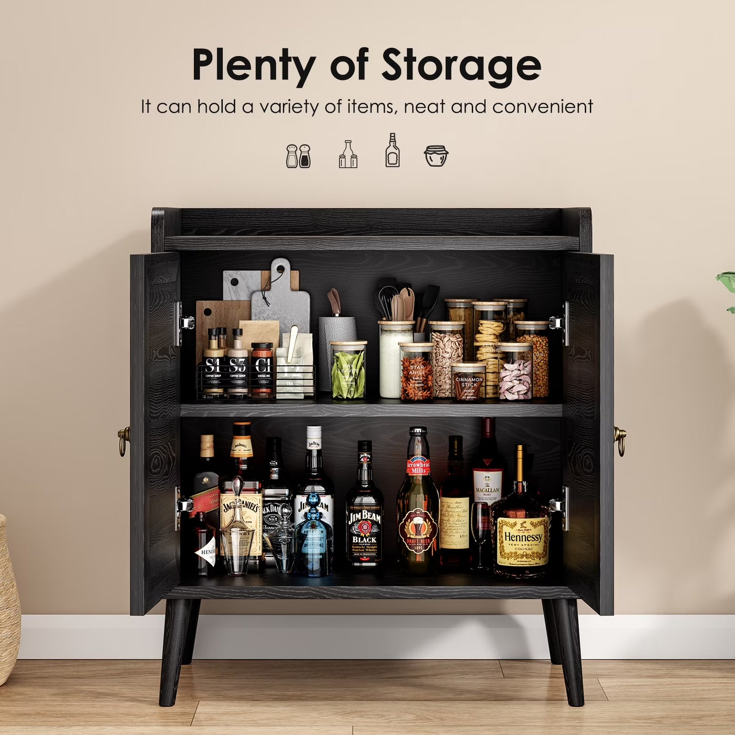 Farini 2Pcs Sideboard Buffet Cabinet Bar Cabinets with Rattan Decorated Doors(Black)