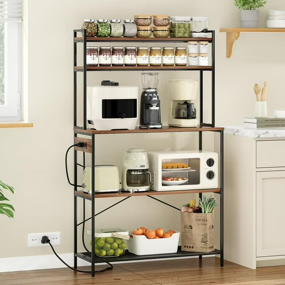Farini 39" Kitchen Bakers Rack with Electrical Outlets, 5-Tier Microwave Stand & Coffee Bar Station with Storage for Kitchen Island, Walnut