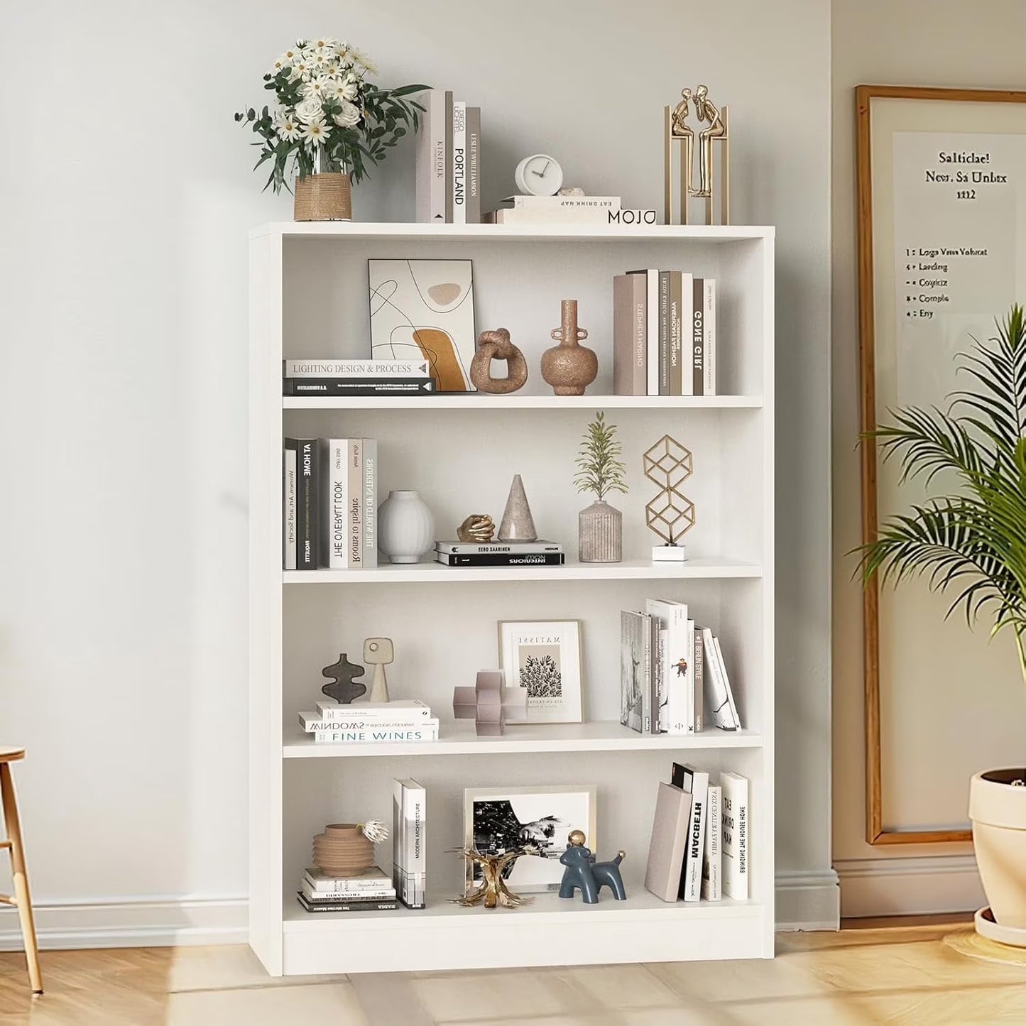 Farini 4 Tiers Bookcase, Wooden Bookcase with Adjustable Shelves for Home, Office, White