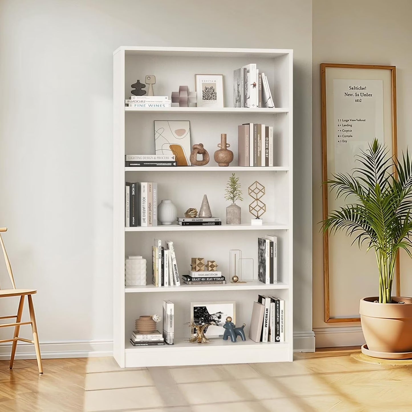 Farini 5 Tiers Bookcase, Wooden Bookcase with Adjustable Shelves for Home, Office, White