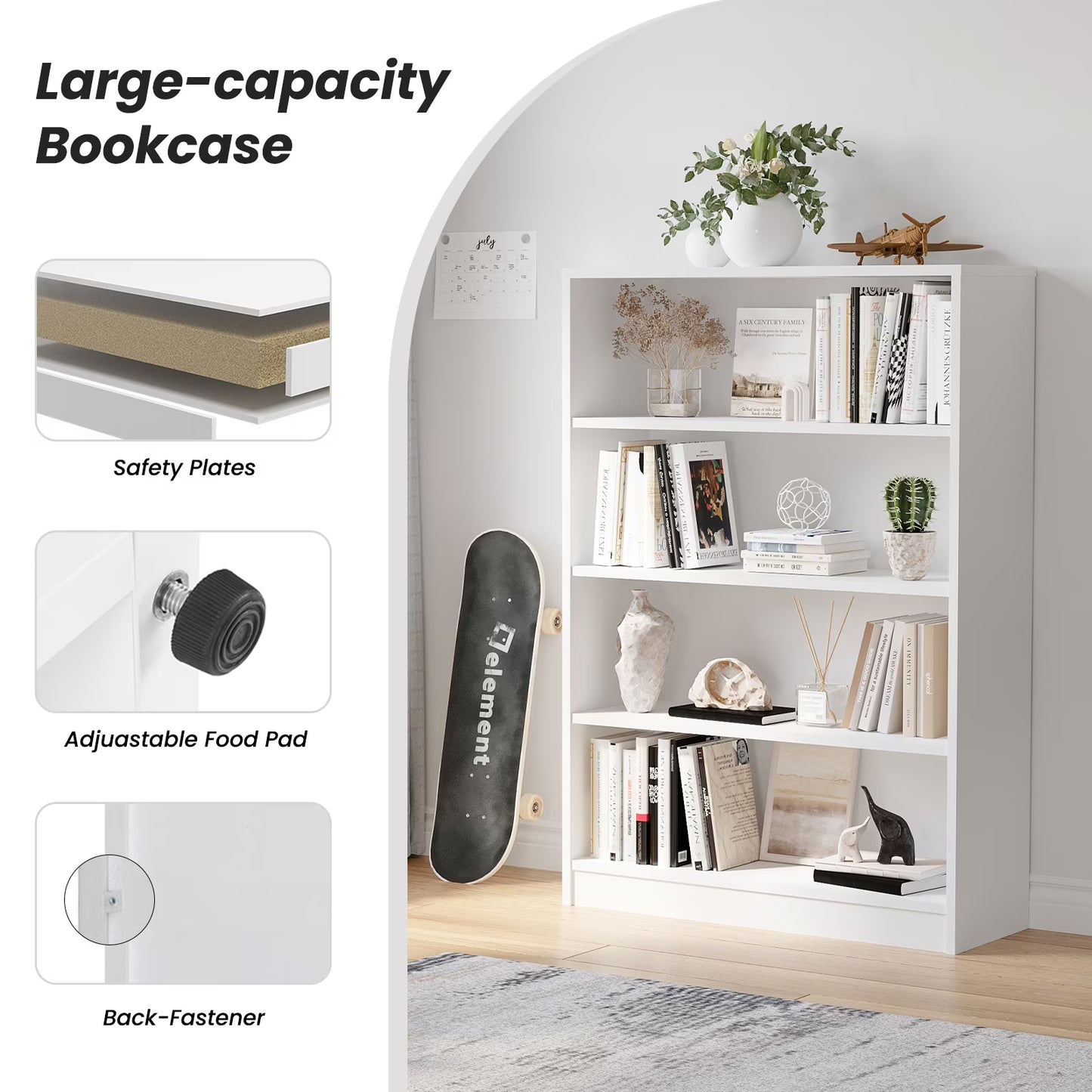 Farini 4 Tiers Bookcase, Wooden Bookcase with Adjustable Shelves for Home, Office, White