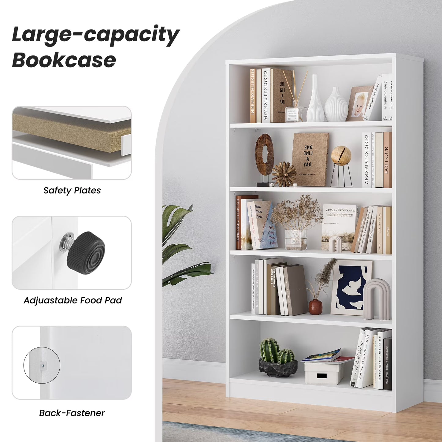Farini 5 Tiers Bookcase, Wooden Bookcase with Adjustable Shelves for Home, Office, White