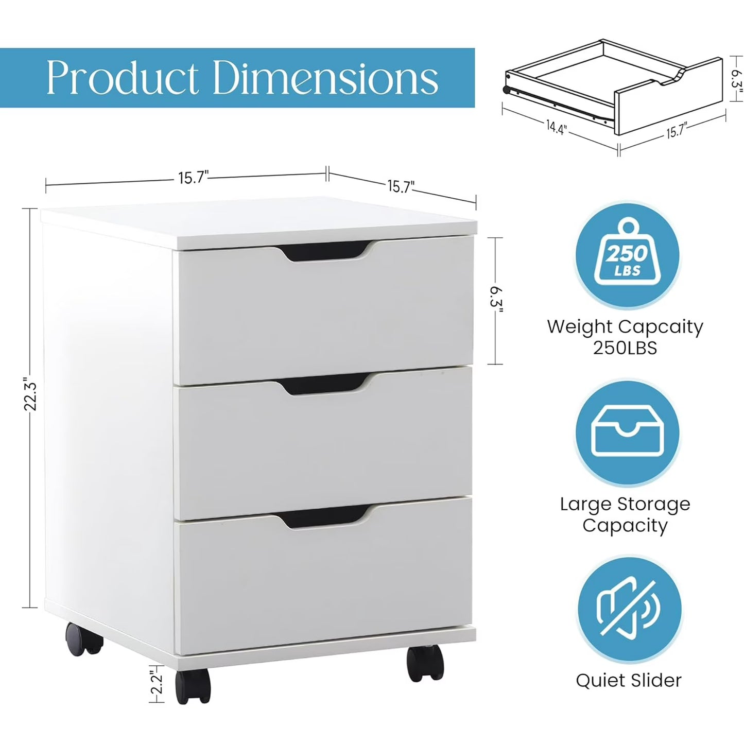 Farini 3-Drawer File Cabinet for Home Office, Mobile Wooden File Cabinet, for Under Desk Storage, White, Non-Assembled