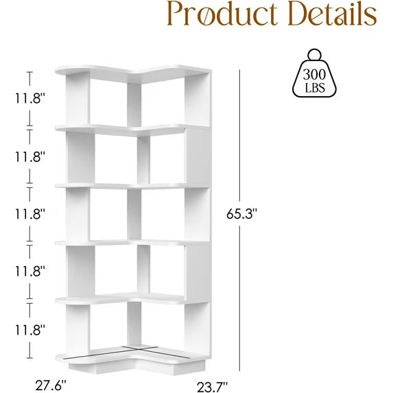 Farini 5-Tier Corner Bookcase, L-Shaped Storage Shelf for Living Room, Office, Bedroom, White