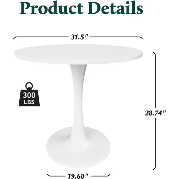 Farini 31.5" Round Dining Table, Wood Top with Metal Pedestal Base, Seats 2-4 People, White