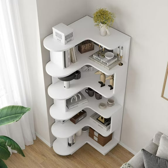 Farini 5-Tier Corner Bookcase, L-Shaped Storage Shelf for Living Room, Office, Bedroom, White