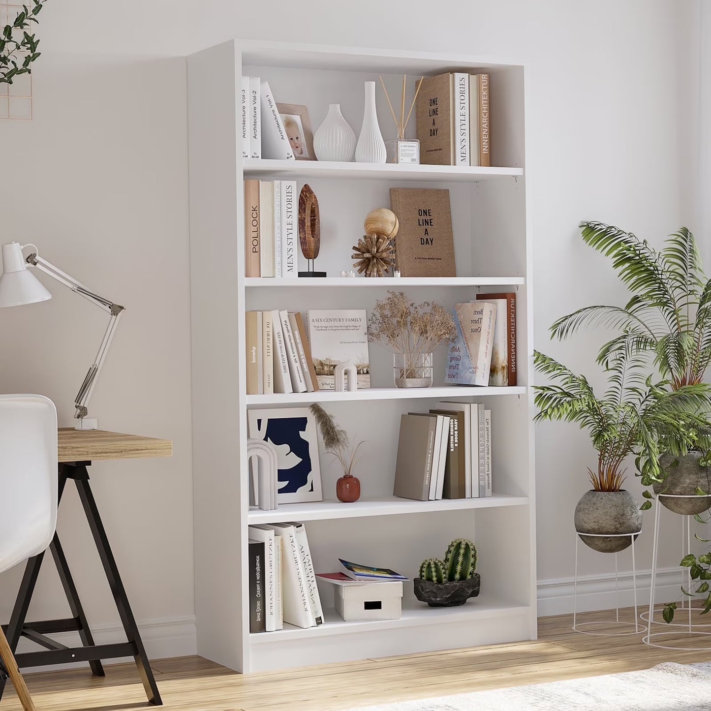 Farini 5 Tiers Bookcase, Wooden Bookcase with Adjustable Shelves for Home, Office, White