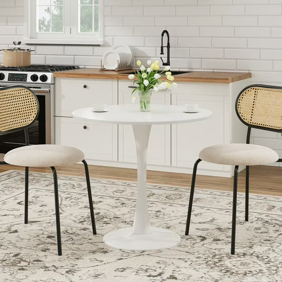 Farini 31.5" Round Dining Table, Wood Top with Metal Pedestal Base, Seats 2-4 People, White