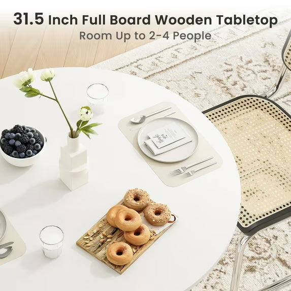 Farini 31.5" Round Dining Table, Wood Top with Metal Pedestal Base, Seats 2-4 People, White