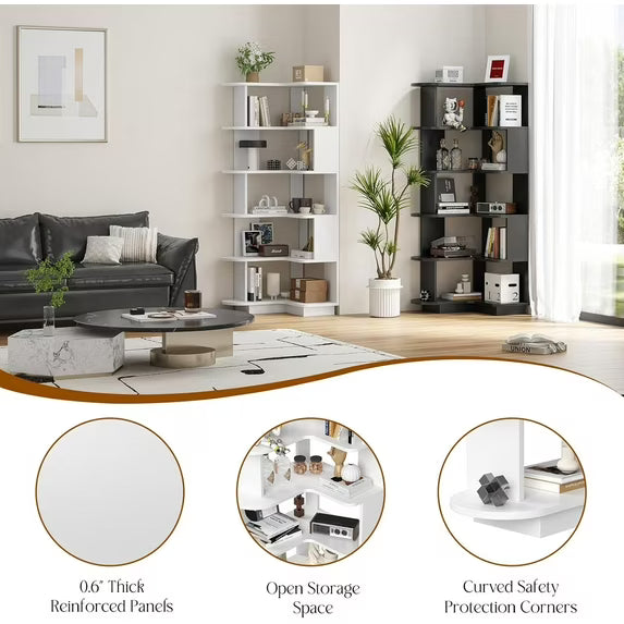 Farini 5-Tier Corner Bookcase, L-Shaped Storage Shelf for Living Room, Office, Bedroom, White