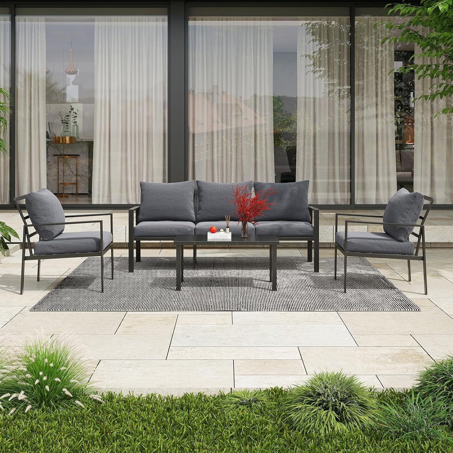Farini Outdoor conversation sets, Metal Patio Furniture Set with 2 Single Sofas, Loveseat & Coffee Table, for Garden, Backyard, Balcony