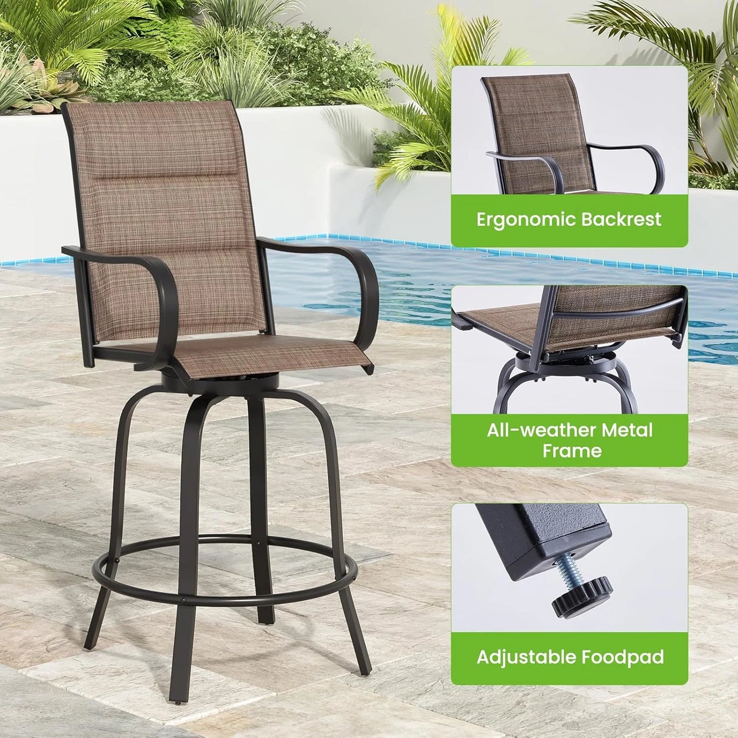 Farini Outdoor Bar Stools Set, 360°Swivel Patio Barstools with Textile Fabric,Ergonomic Comfort Bar Height Tall Outdoor Stools for Balcony