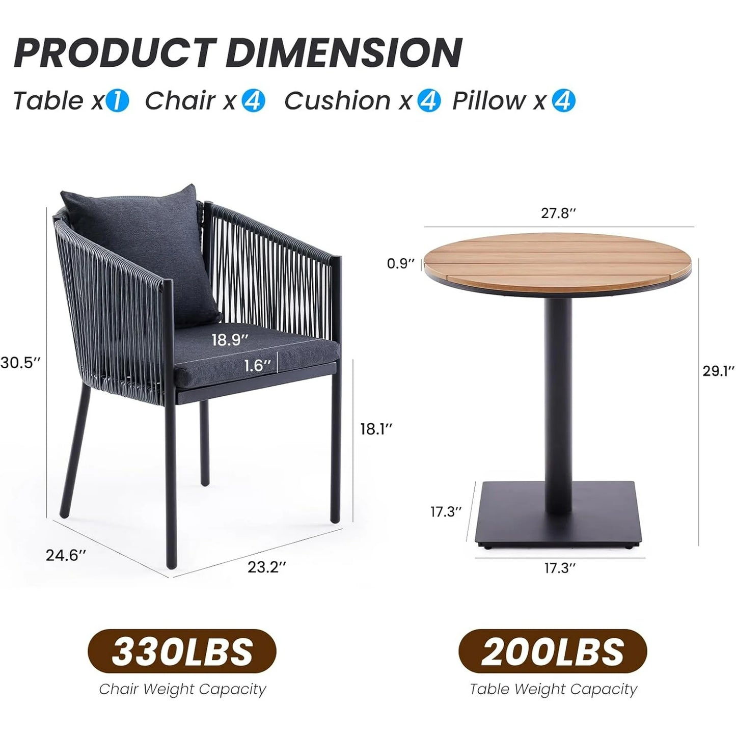 Farini Outdoor Dining Set, Patio Table and Chairs Set, Rattan Wicker Patio Chair Cushions and 1 Outdoor Table Plastic Wooden Top for Lawn, Deck Backyard, Poolside