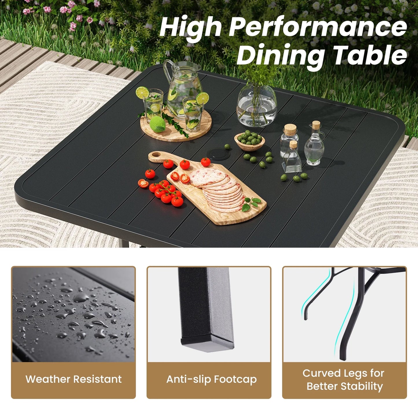 Farini Patio Dining Table, Square Outdoor Dining Table with 1.57" Umbrella Hole for Patio Graden Backyard and Poolside