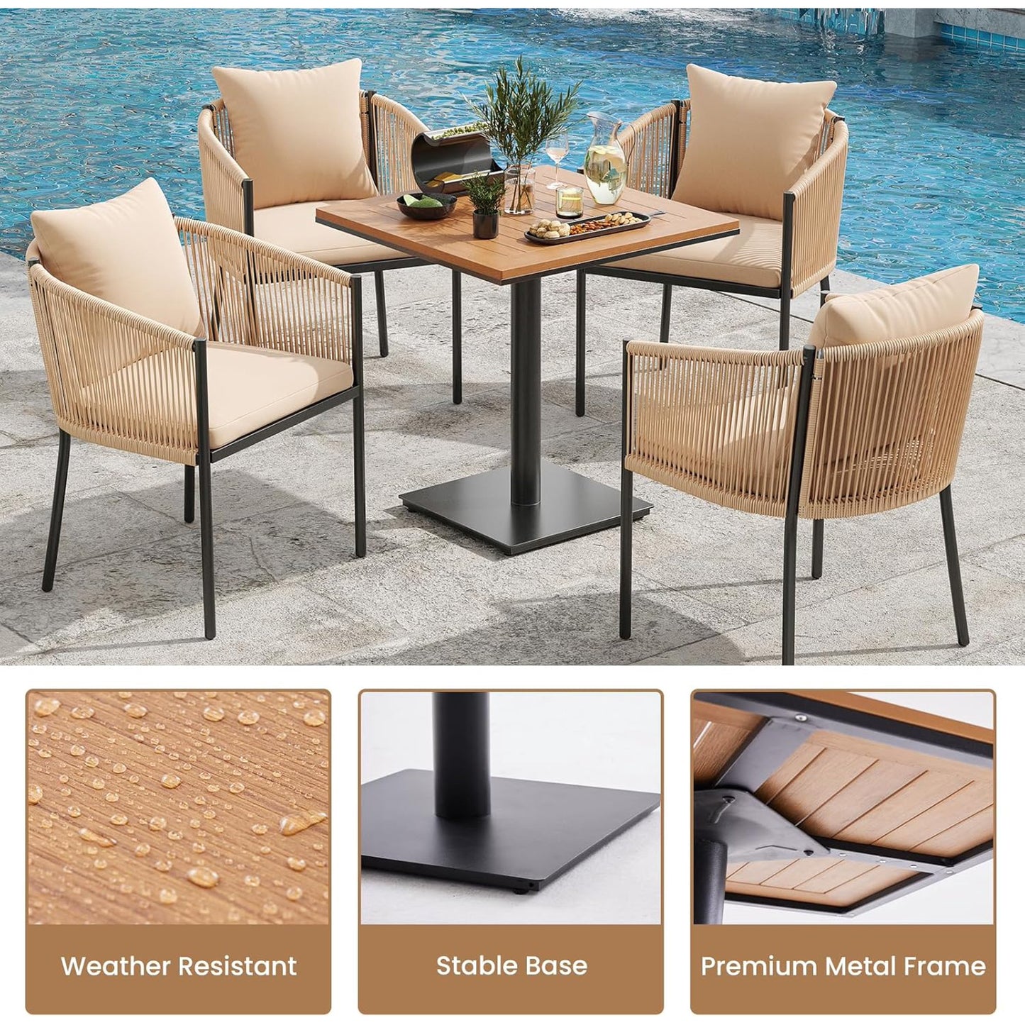 Farini Patio Furniture Table, Outdoor Dining Set of Patio Table, Plastic Wooden Top Outdoor Furniture Table for Lawn, Deck, Backyard, Poolside