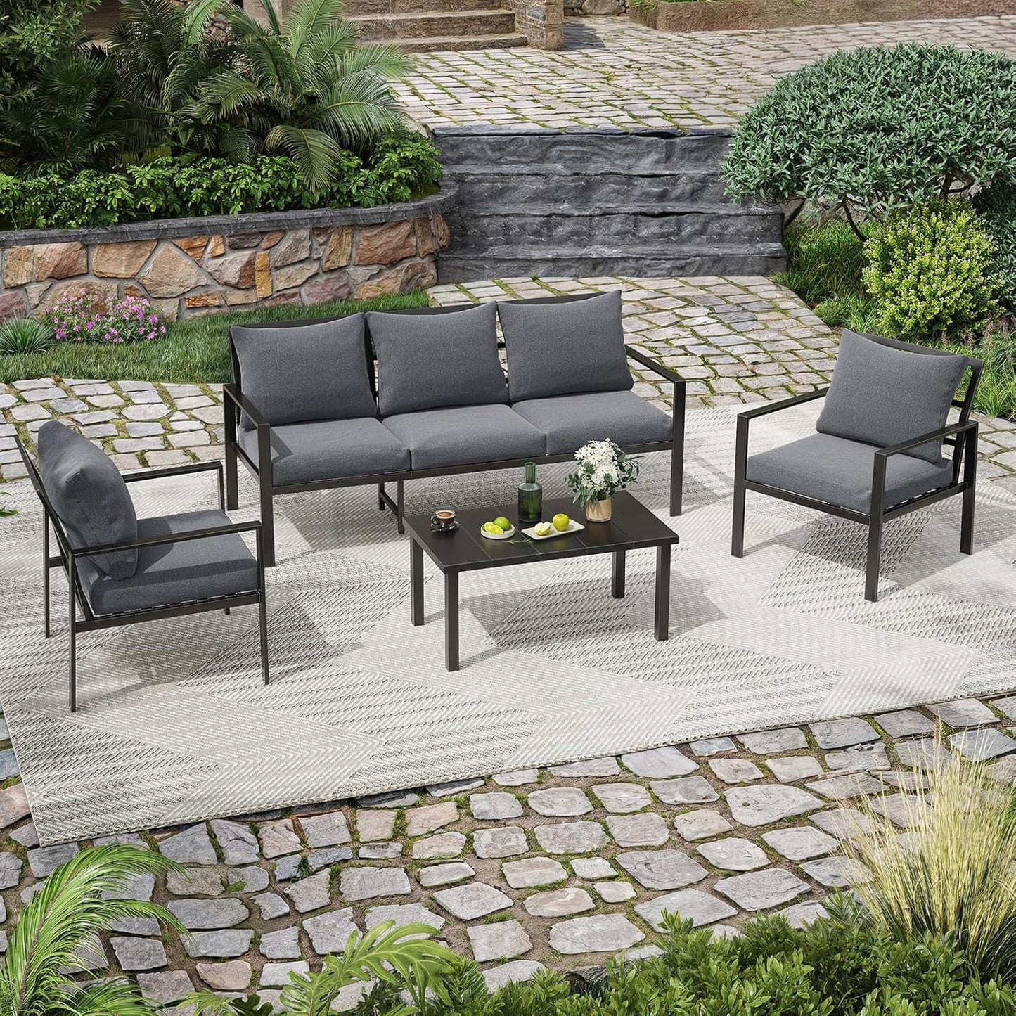 Farini Outdoor conversation sets, Metal Patio Furniture Set with 2 Single Sofas, Loveseat & Coffee Table, for Garden, Backyard, Balcony
