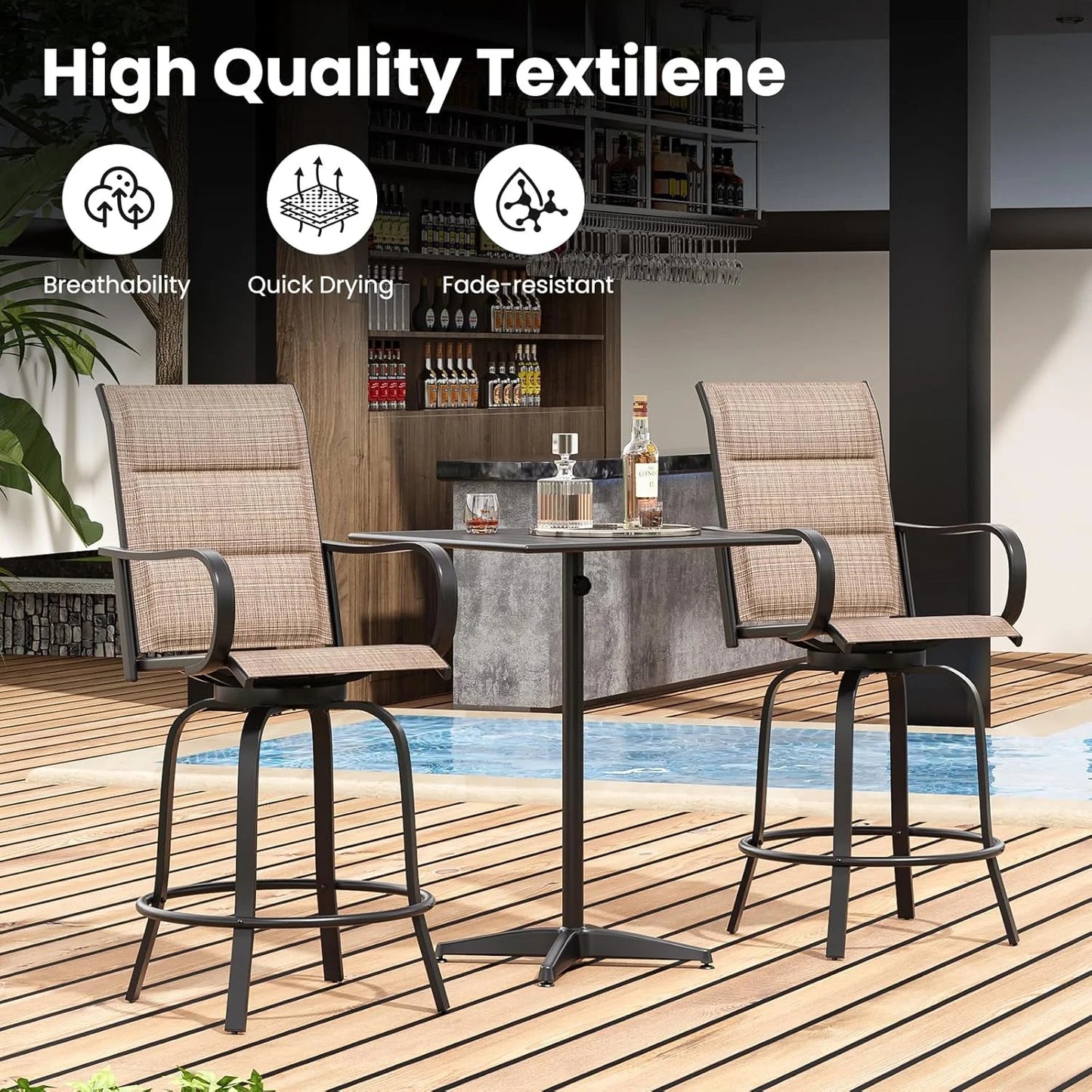 Farini Outdoor Bar Stools Set, 360°Swivel Patio Barstools with Textile Fabric,Ergonomic Comfort Bar Height Tall Outdoor Stools for Balcony