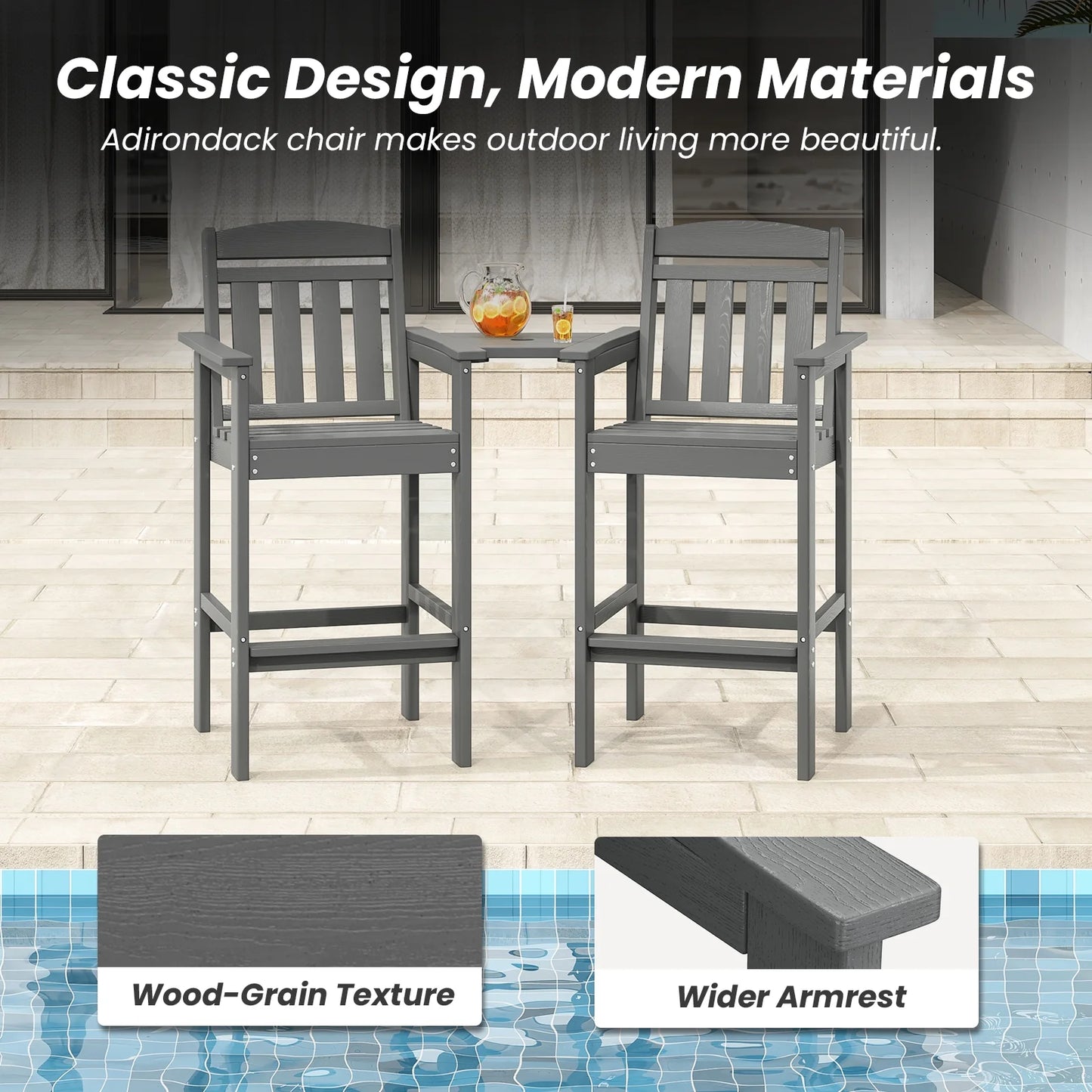 Farini Tall Adirondack Chairs Set of 2, HDPE Adirondack Bar Stools with Connecting Tray, Bar Height Adirondack Chair Patio Barstool, Ideal All Weather Tall Patio Chair for Balcony, Poolside, Backyard