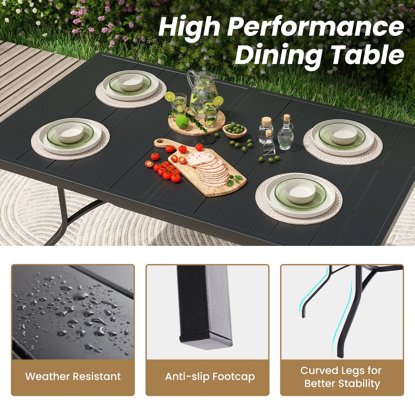 Farini Patio Dining Table, Square Outdoor Dining Table with 1.57" Umbrella Hole for Patio Graden Backyard and Poolside