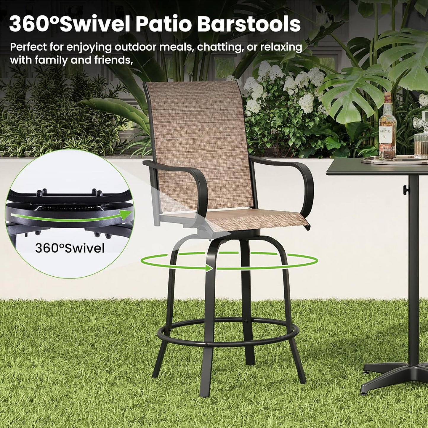 Farini Outdoor Bar Stools Set, 360°Swivel Patio Barstools with Textile Fabric,Ergonomic Comfort Bar Height Tall Outdoor Stools for Balcony