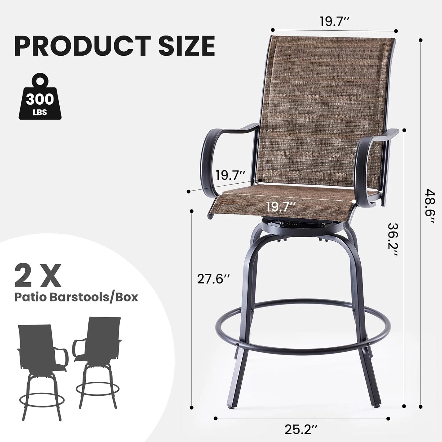 Farini Outdoor Bar Stools Set, 360°Swivel Patio Barstools with Textile Fabric,Ergonomic Comfort Bar Height Tall Outdoor Stools for Balcony